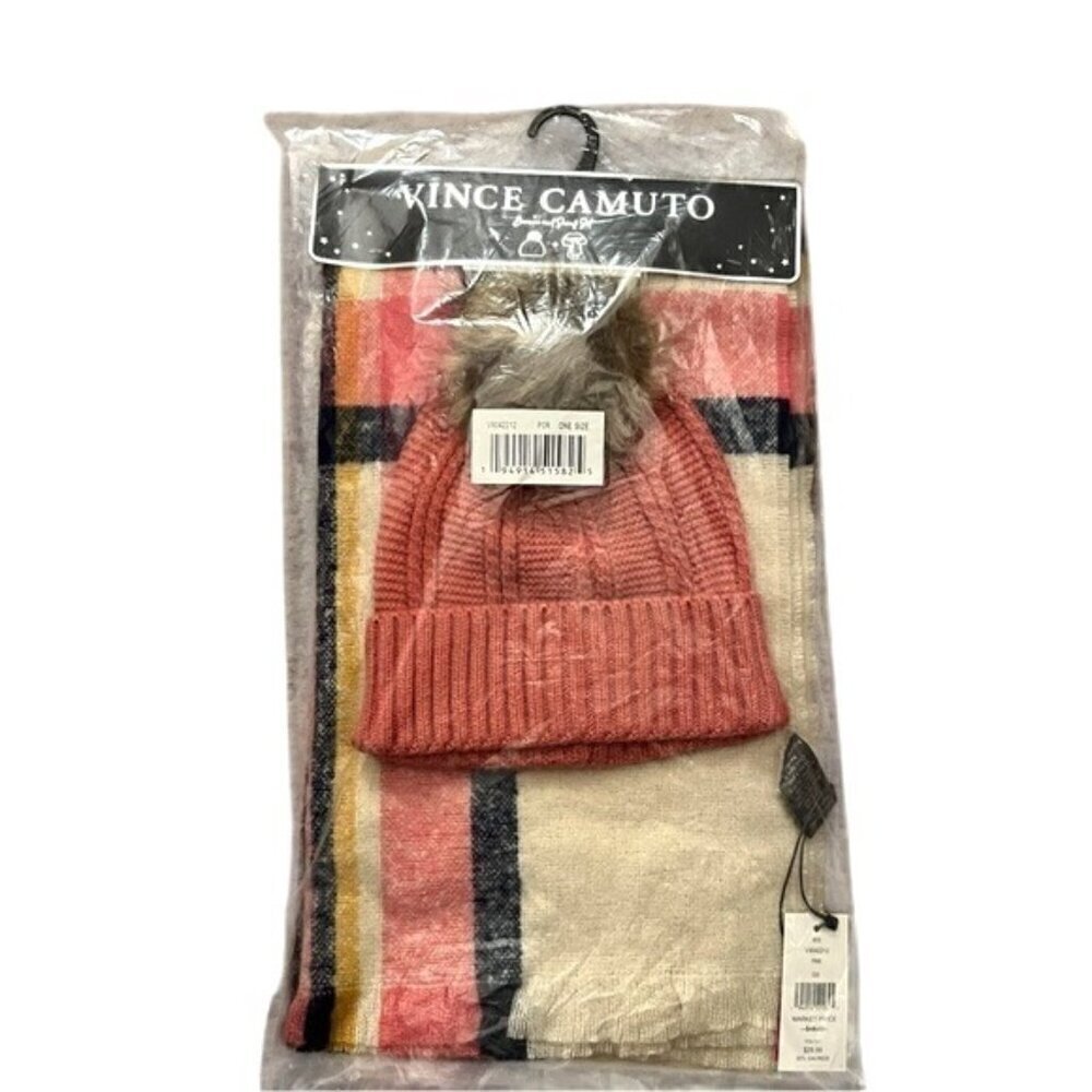 Vince Camuto Beanie & Scarf Set O/S Pink Plaid Pattern Knit Acrylic Winter NWT